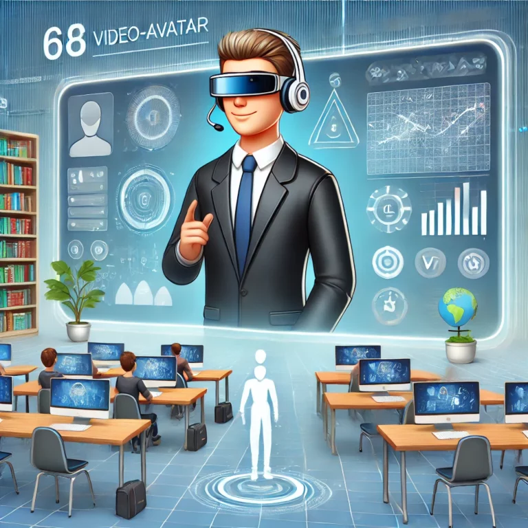 A video-avatar in a virtual learning environment, graphical style. The scene includes a digital classroom with desks and chairs, a large screen display